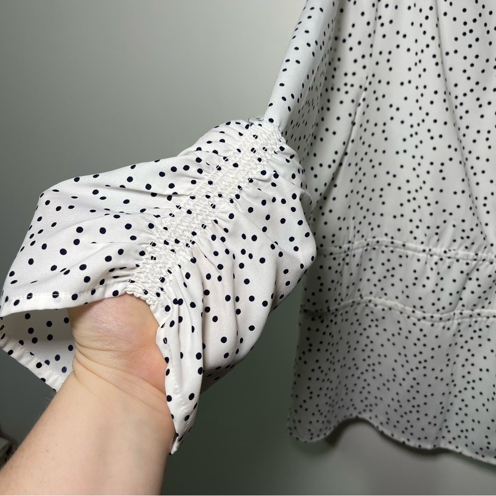 SFW women’s Black and white polka dots ruched sleeves and bow tie blouse in M - Picture 5 of 7